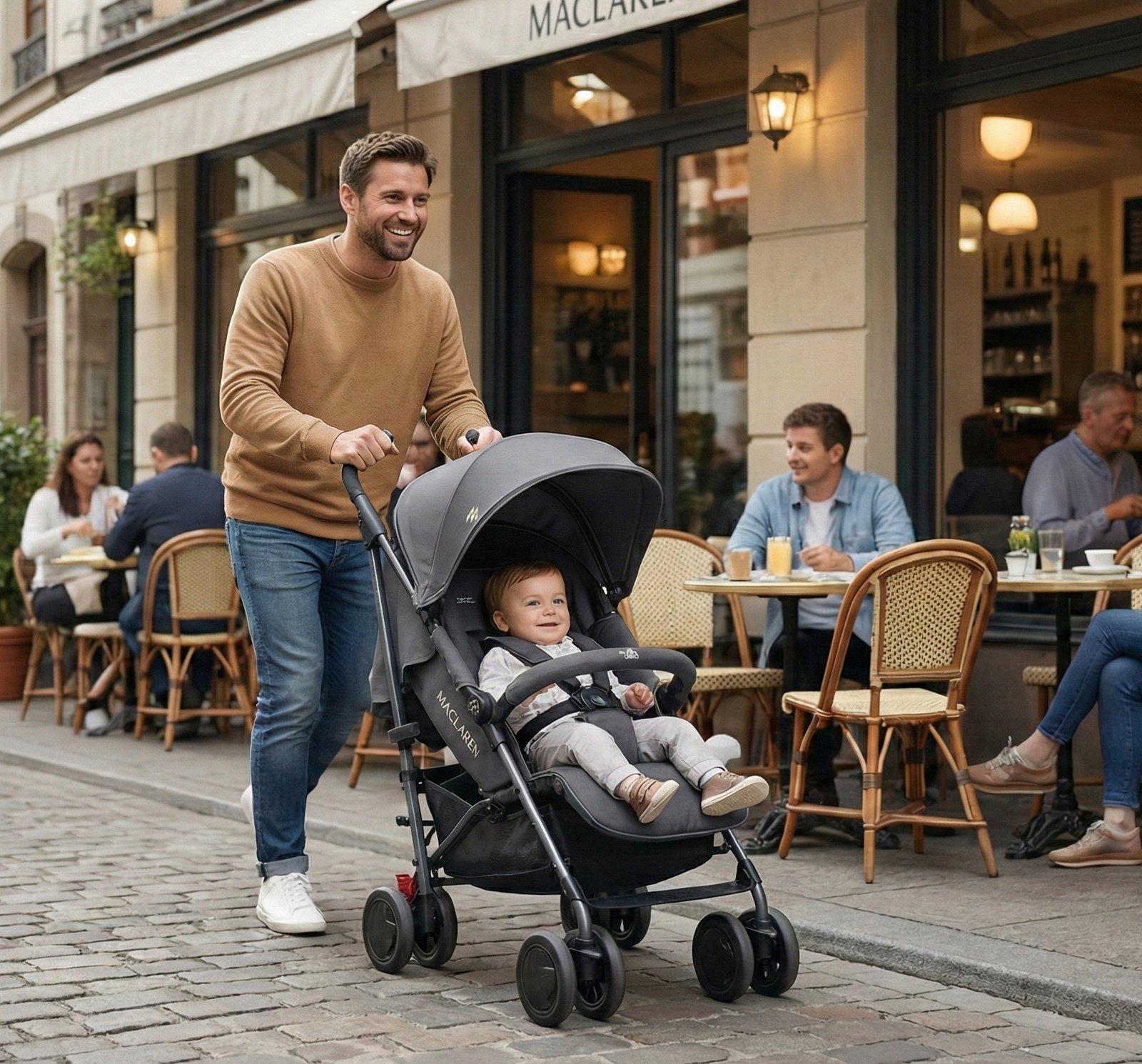 Father pushing baby stroller